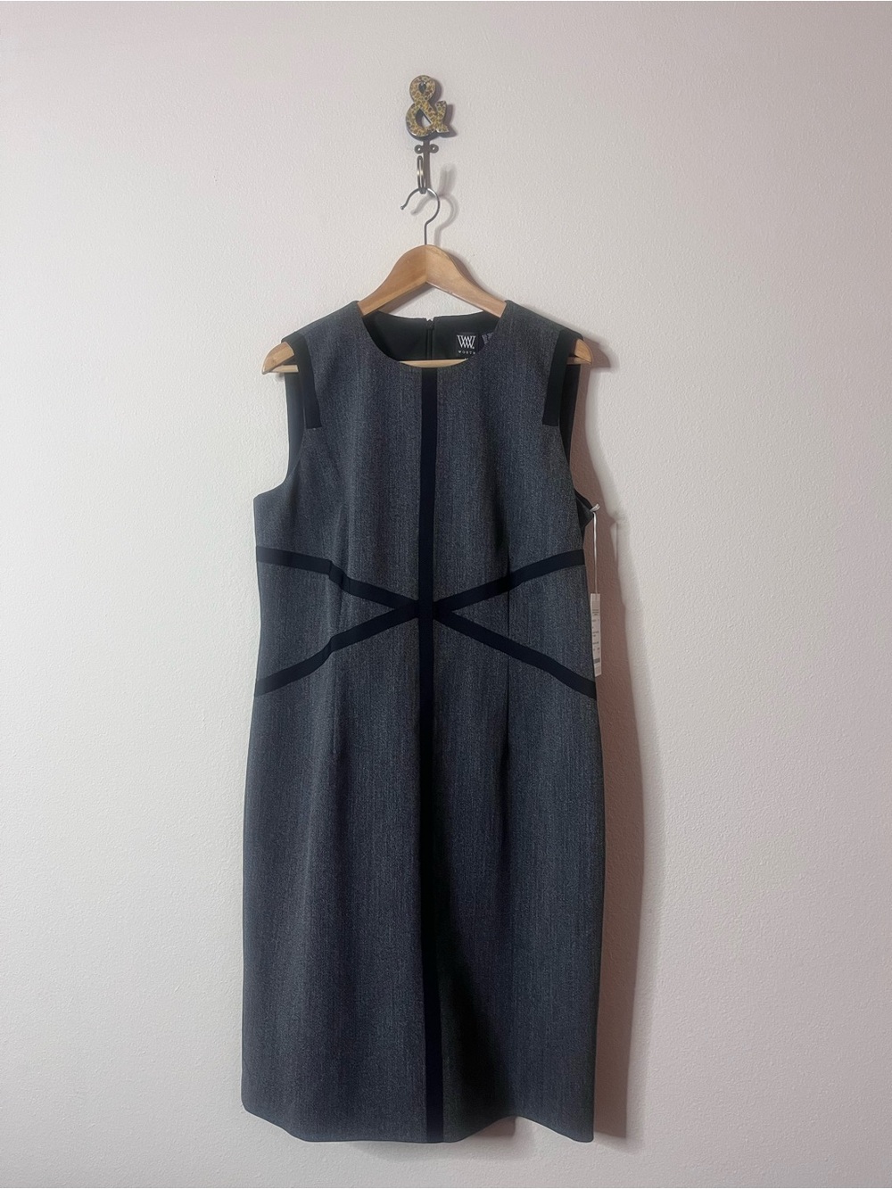 Worth Slate Gray Sheath Dress with Black Trim